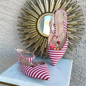 J. CREW Red & White Striped Pointy Toe Beaded Tassel T Strap Canvas Flats Shoes